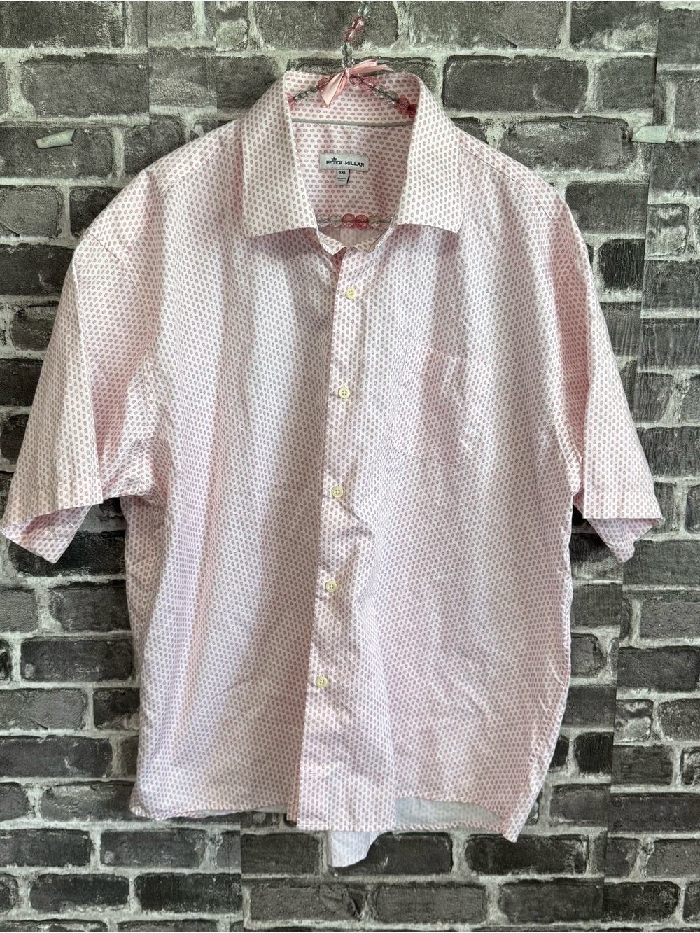 Peter Millar button down shirt short sleeve white pink pineapples